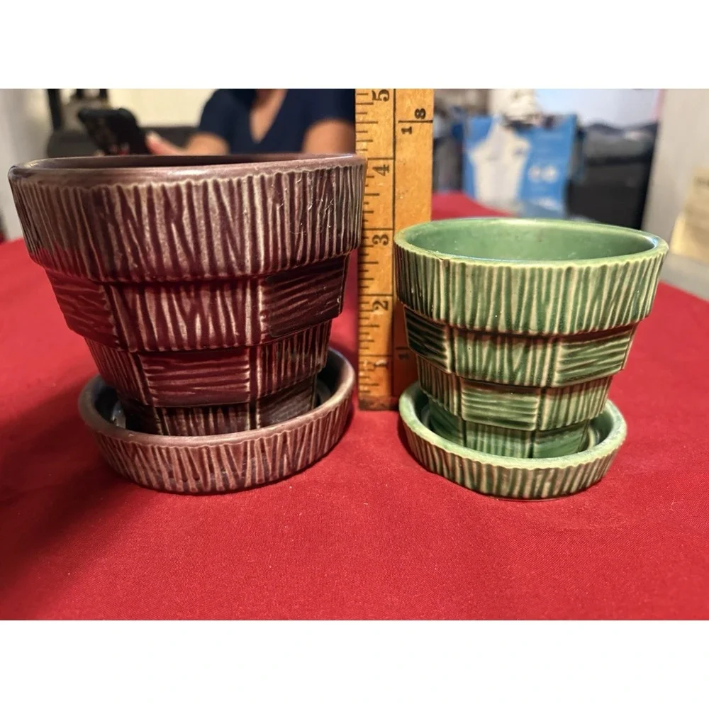 Rare Vintage McCoy Basketweave Planters Set Large Purple 4.5